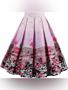 Vintage Pleated Skirt Floral A-line Printed Midi Skirts with Pockets